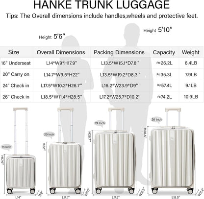 Hanke 26 Inch Large Luggage Suitcase Top Opening Aluminum Frame Travel Luggage Hard Shell Suitcases with Wheels for Woman Men.(Ivory white)