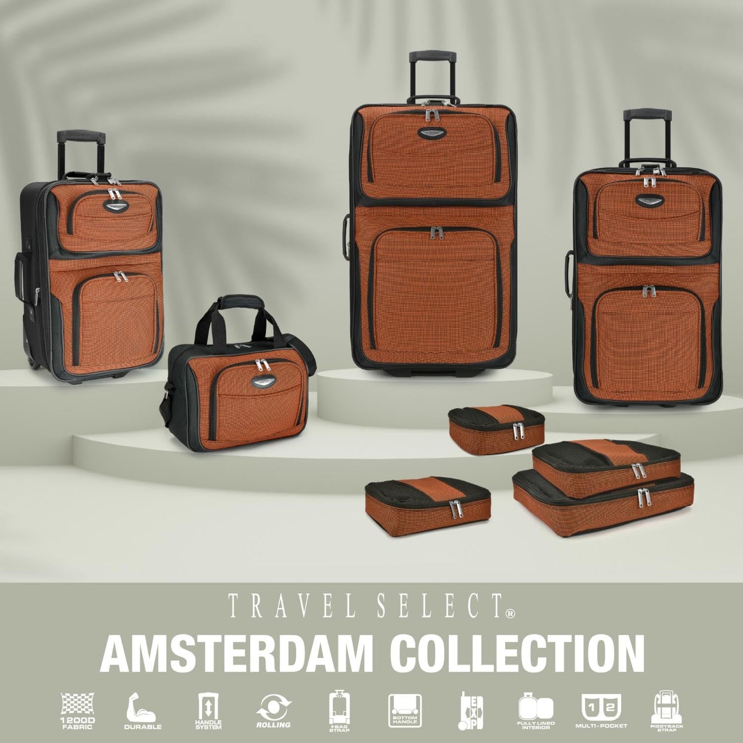 Travel Select Amsterdam 4-Piece Softside Expandable Rolling Luggage Set, Lightweight 2-Wheel Suitcases, Packing Cubes & Travel Tote, Durable Polyester Construction, Navy