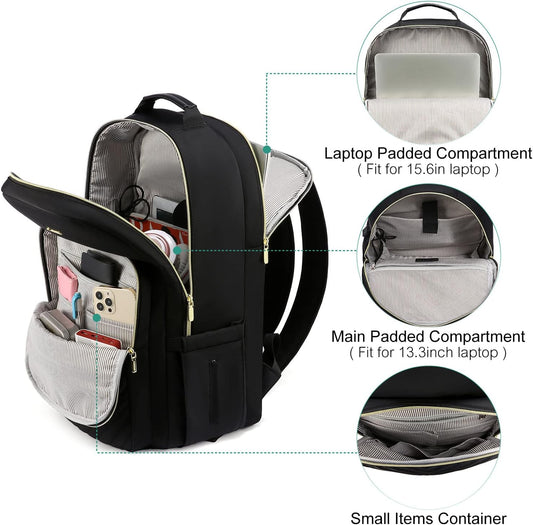 LOVEVOOK Large Travel Backpack Women with 17.3-inch Laptop Compartment, Work Business Computer Carry On Backpack Purse, Hiking Backpack Waterproof Outdoor Sports Rucksack Bag, Black