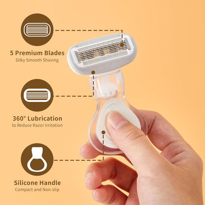 Mini Razors for Women, Extra Smooth On The Go Razor with 1 Travel Case + 1 Handle + 5 Blade Refills + 1 Gift Box, 5 Blades Portable Body Razor for Shaving and Hair Removal (White)