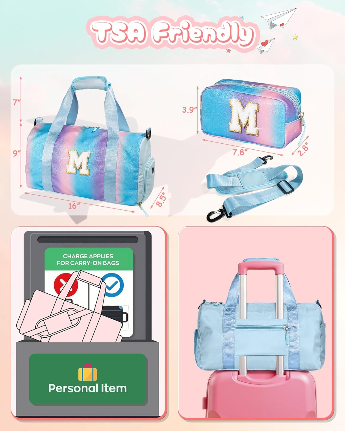 Birthday Gift for Daughter-Girl Gym Bag with Shoe Compartment, Kid Weekender Overnight Bags, Initial Travel Tote with Makeup Pouch, Gift for 3 4 5 6 7 8 9 Year Old Girls (Letter A)