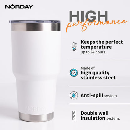 NORDAY | Tumbler with Lid - 30oz - White Insulated Tumbler - Stainless Steel Tumblers - Double Wall Vacuum Insulated Travel Coffee Mug for Car Cup Holder - Keeps Temperature for 24hr - Anti Spill Lid