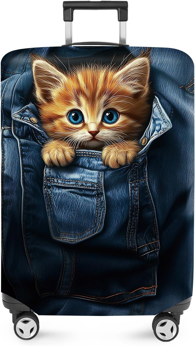 ANNA QUEEN Cute Kitten in Pocket Luggage Cover, Funny Cat Suitcase Protector with Denim Print, Stretchable & Washable Spandex Travel Cover for 28-30 Inch Luggage