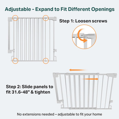Cumbor Expandable 31.6-48" Baby Gate for Stairs, Wall-Mounted, 2-in-1 No Bottom Bar Dog Gate Indoor, Auto Close Pet Gate for Doorways with Large Walk Thru Door, Child-Proof Gate for Kids (White)