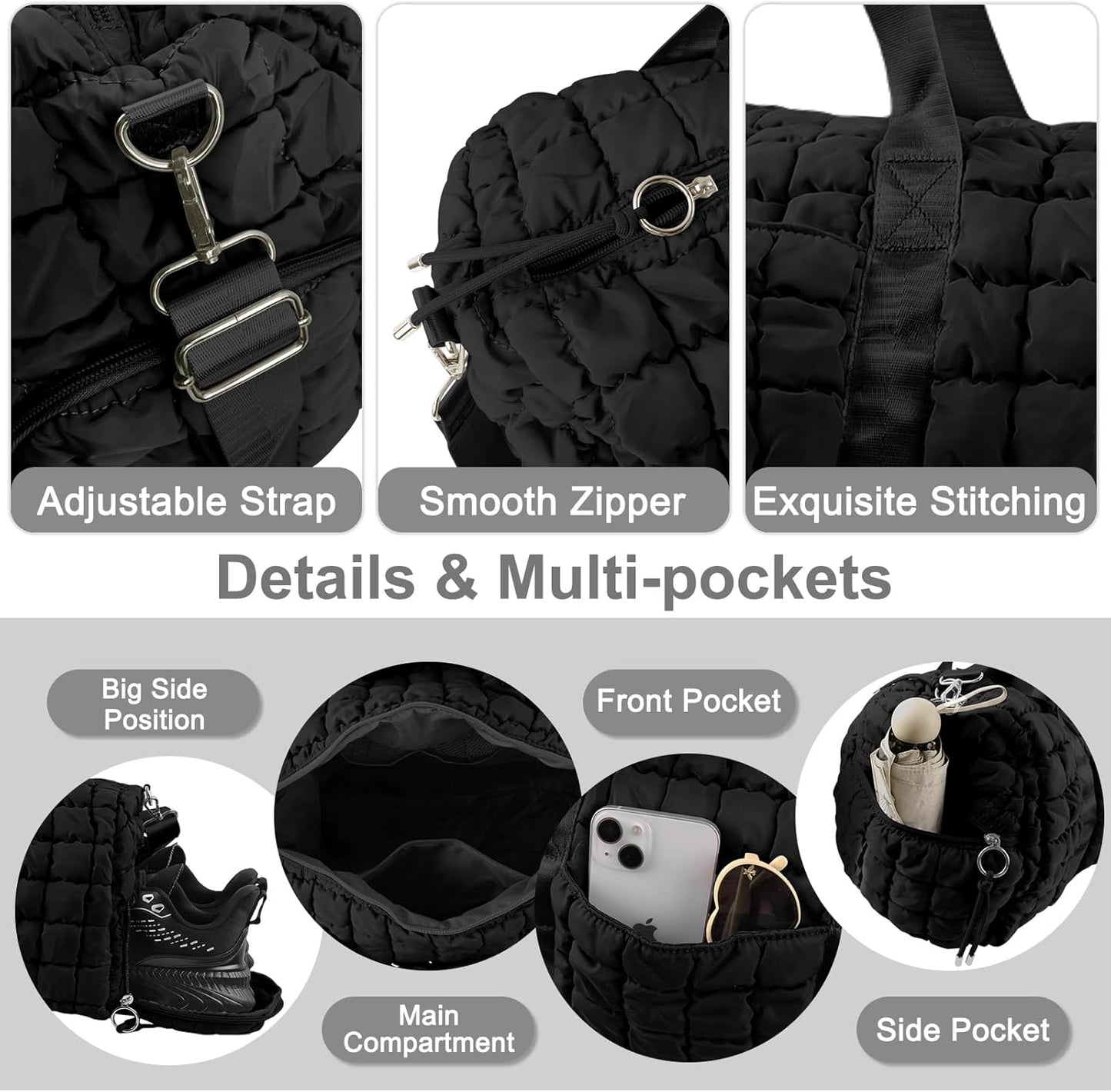 Quilted Travel Duffle Bag Gym Bag for Women,Large Puffer Duffle Weekender Bag with Compartment,Workout Overnight Carry on Organizer Bag Duffle Bag for Airplane Travel(Black)