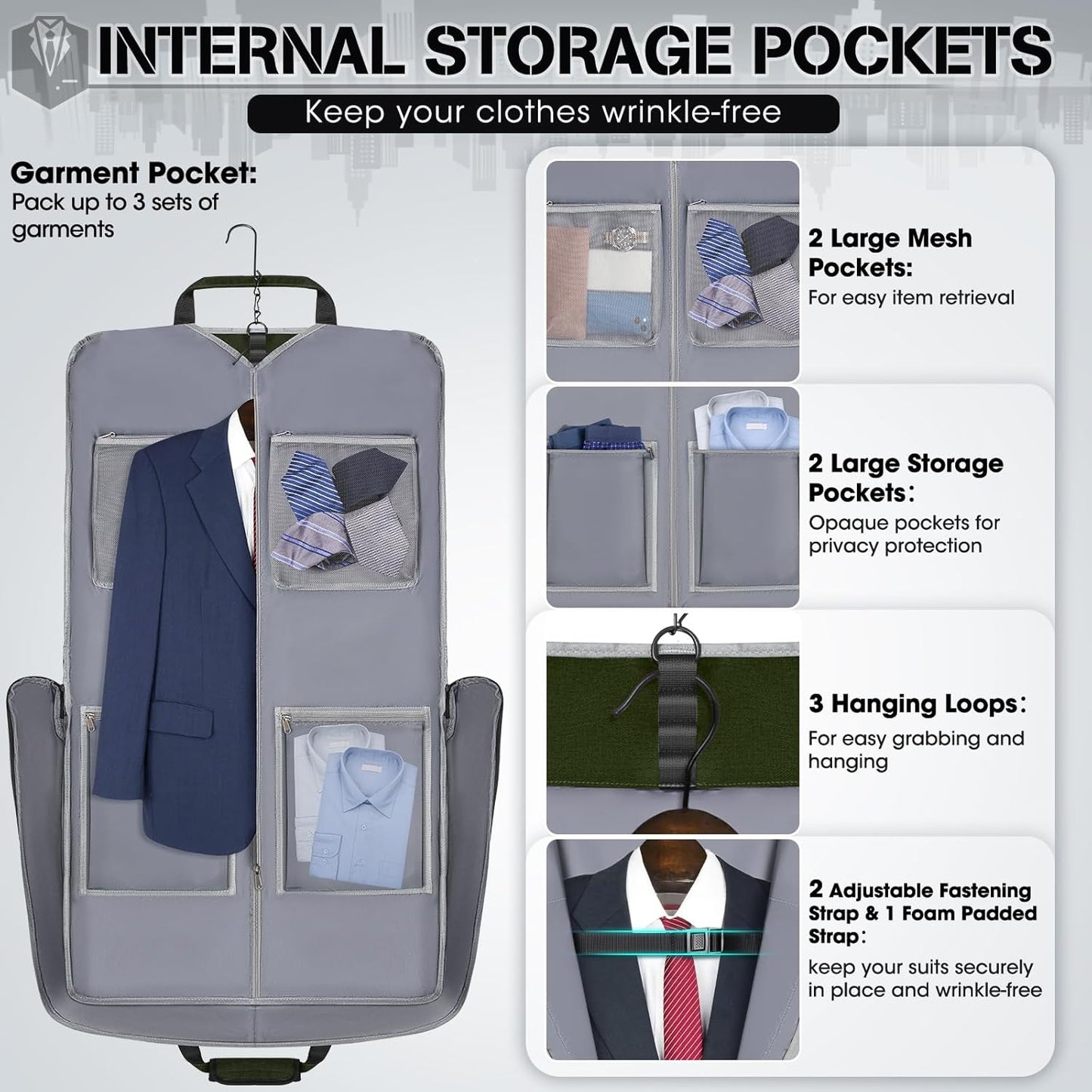 RAINSMORE Garment Bags for Travel Carry On Garment Bag for Hanging Clothes, Suit Bag for Business Trips with Shoes bag & Shoulder Strap, Waterproof Foldable Suit Luggage Bag for Men Women, Green