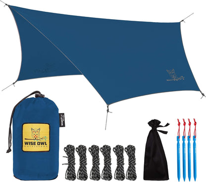 Wise Owl Outfitters Hammock Rain Fly – Waterproof Camping Tarp Cover with Tent Stakes & Carry Bag, Ultralight Shelter for Backpacking & Outdoor Shade