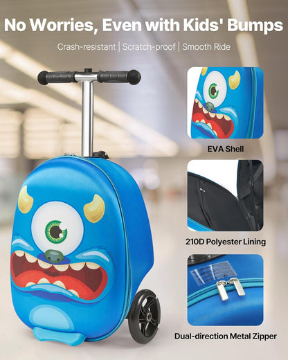 VEVOR Ride-on Luggage, 20 L Capacity, 20 Inches Kids Scooter Suitcase with Flash PU Wheels, Adjustable Handle & TPR Non-Slip Grip, Foldable & Lightweight Scooter Luggage for Kids Aged 5+, Blue