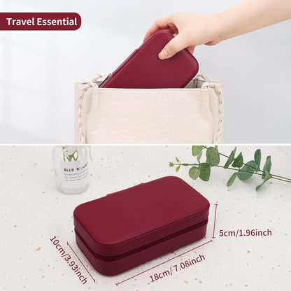DesignSter Travel Jewelry Box, PU Leather Portable Jewelry Case, Small Jewelry Boxes for Gifts, Travel Jewelry Organizer for Women Rings Earrings Necklaces Bracelets (Wine Red)
