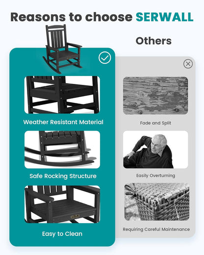 SERWALL Outdoor Rocking Chair, HDPE Patio Rocking Chair All-Weather Porch Rocker for Balcony, Yard, Black