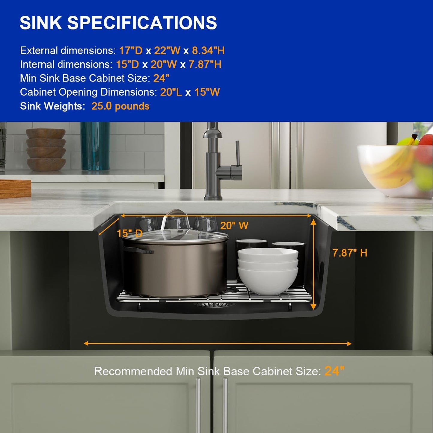 Dcolora 22 Inch Quartz Composite Bar Sink Black Undermount Small Granite Composite Kitchen Sink Prep RV Single Bowl Under Counter, Round Corner, 22"x17", DC-GU7747