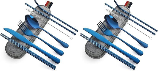 DEVICO Portable Utensils, Travel Camping Cutlery Set, 8-Piece including Knife Fork Spoon Chopsticks Cleaning Brush Straws Portable Case, Stainless Steel Flatware set (Blue) (Pack of 2)