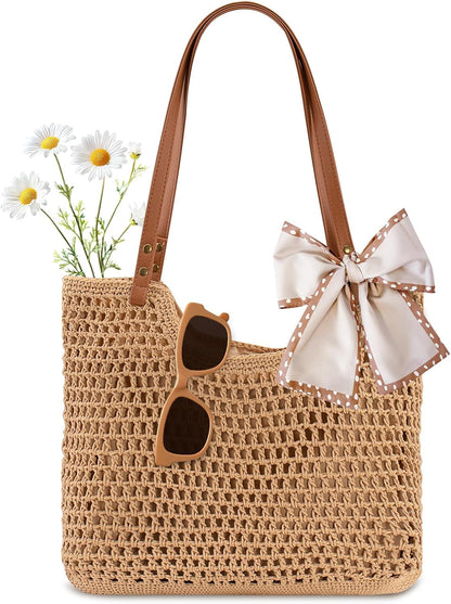 Peicees Crochet Beach Bag For Women Summer Tote Bag Boho Shoulder Bag With Leak-Proof Lining for Vacation Travel Woven Purse