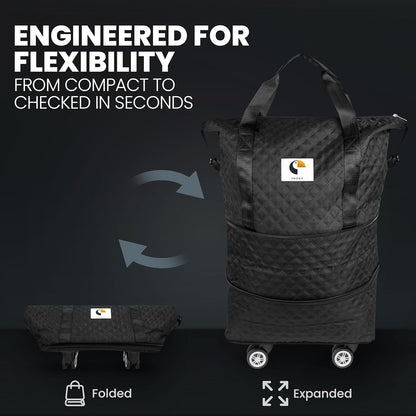 ISOKE Foldable Travel Duffel Bag - TSA Approved - With Wheels & Shoe Compartment - Weekender Bags for Women - Carry On Overnight Bag - Black - 16"×10"×24"
