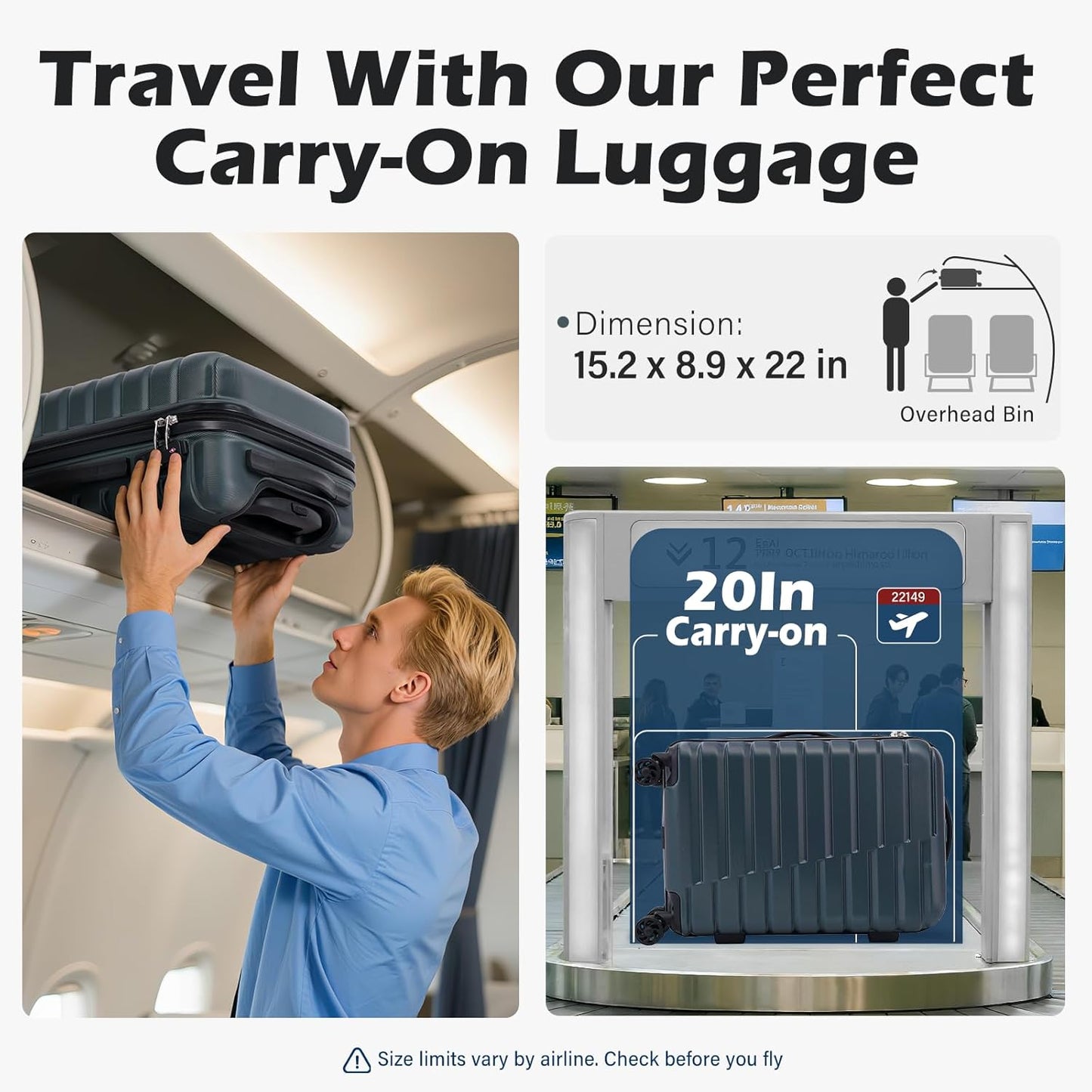 Coolife Carry On Luggage Airline Approved with Wheels Hard Shell Suitcase Spinner TSA Lock Telescopic Handle 20-inch,Silver