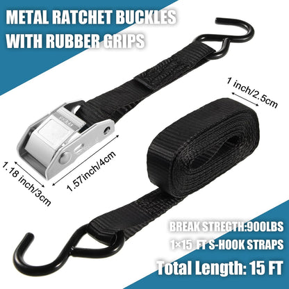 16 Pcs Cambuckle Tie Down Straps 1763lbs Break Strength Securing Straps 1'' x 15 ft Cambuckle Tie Downs with S Hook for Motorcycle, Kayak, Car, Truck, Boat Moving, Securing Cargo(Black)