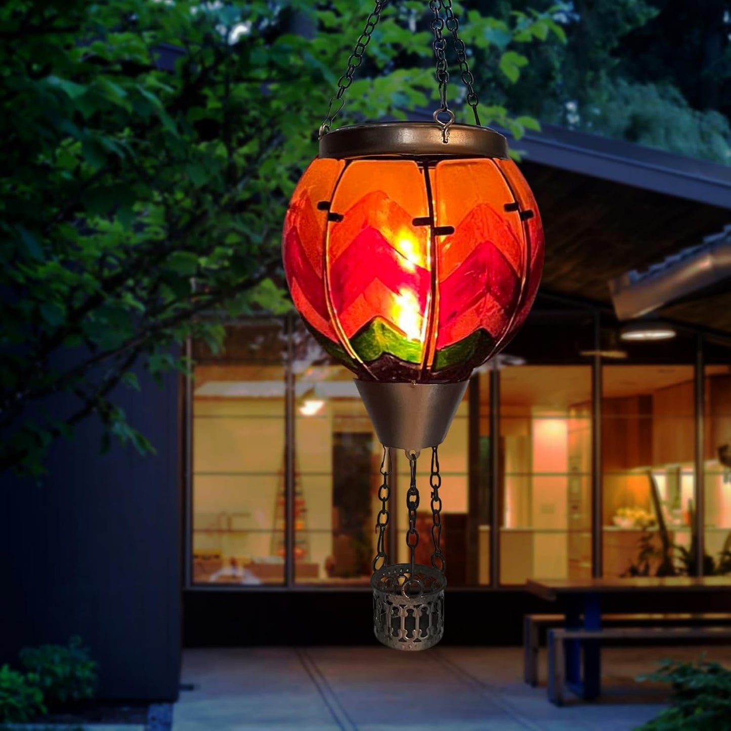Hot Air Balloon Solar Lantern with Flickering Flame Light Glass Hanging Solar Lanterns Outdoor Waterproof for Garden Tree Yard Patio Party Decor, Color-Wave