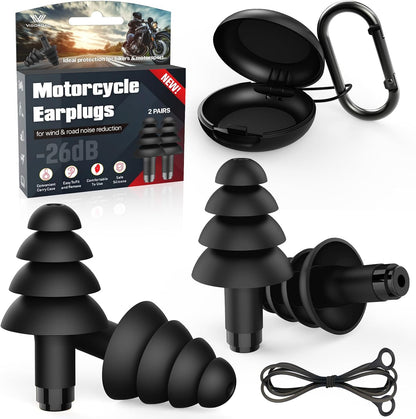 Motorcycle Ear Plugs, 2 Pairs Reusable Silicone, 26dB Wind Noise Reduction & Ear Protection Earplugs with Safety Cord & Travel Case, Comfort Fit for Motorbike, Highway Riding, Touring & Shooting