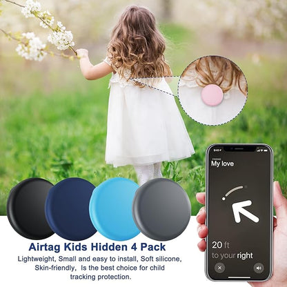 Compatible for Air Tags-4 Pack Apple Kids Hidden, for Airtag Holder for Kid, for AirTag Hidden Kids Holder with Invisible Pin, for Children, Elderly, Luggage, Clothing (Black Gray Navyblue Sky Blue)