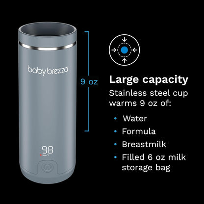 Baby Brezza SuperFast Portable Baby Bottle Warmer – 67% Faster - Travel Breastmilk Warmer and Formula Warmer - Safe, Even Heating - Up to 9oz - No Adapters, Grey