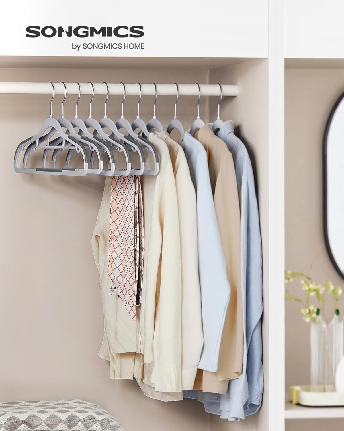 SONGMICS Pack of 50 Coat Hangers, Space-Saving Plastic Clothes Hangers, Non-Slip, 0.2 Inches Slim, 16.5 Inches Wide, 360° Swivel Silver Hook, Light Gray and Dark Gray UCRP20G50