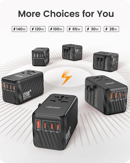 LENCENT International Travel Adapter, 65W GaN3 Universal Fast Charger with 2 USB A + 3 Type C PD, Worldwide Power Adaptor for Phones,Laptops, All in One Travel Essentials for EU/USA/UK/AU, Black
