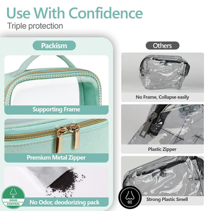 PACKISM TSA Approved Toiletry Bag - Glitter Textured Clear Makeup Bag, Personalized and Fashion, with 180° Large Opening and Supporting Frame, Perfect for Travel Essentials, Thick No Smell, Green