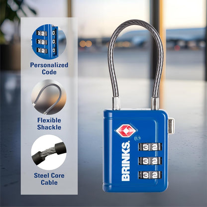 Brinks TSA Accepted Indicator Luggage Lock, Blue - Resettable 3-Dial Combination, 1.5 inch Long Cable Shackle, New More Secure TSA008 Key, 2 Pack