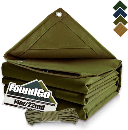 FoundGo Canvas Tarp 8x12ft Heavy Duty Waterproof Tarps with Grommets, UV Resistant, 22 Mil Tarpaulin,14 oz Durable Cloth Covers for Car, Roof, Boat, Camp, Canopy, Woodpile with Ropes-Moss