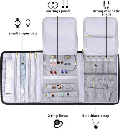 Teamoy Velvet Travel Jewelry Roll, Jewelry Storage Bag Organizer for Necklaces, Earrings, Bracelets, Rings, Brooches and More, Compact and Easy to Carry (Large, Velvet- Black)