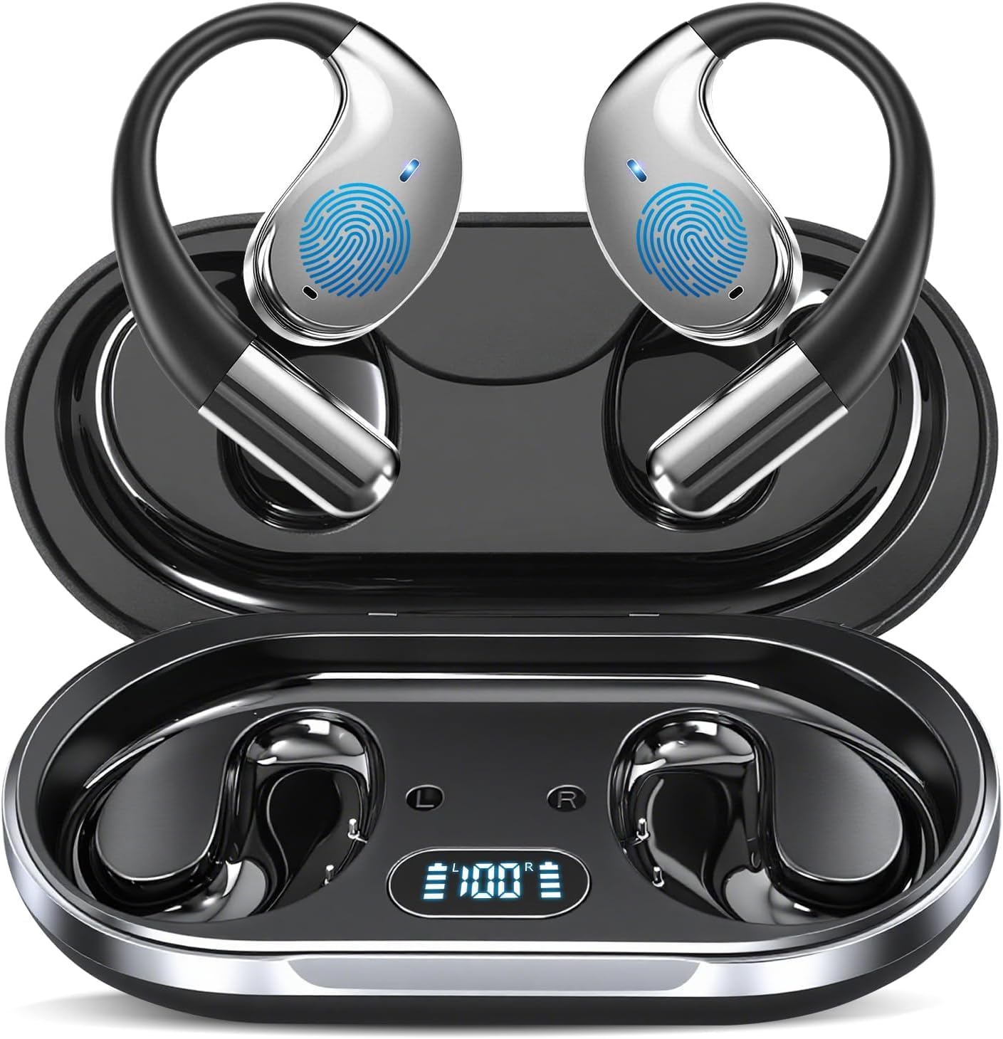 Ultra Ergonomic Open Ear Earbuds, Bone Conduction Over The Bluetooth Headphones Built-in Mic, Waterproof Design, LED Digital Display, Touch Control Operate, Fit Cycling Running Workout Sport, Black