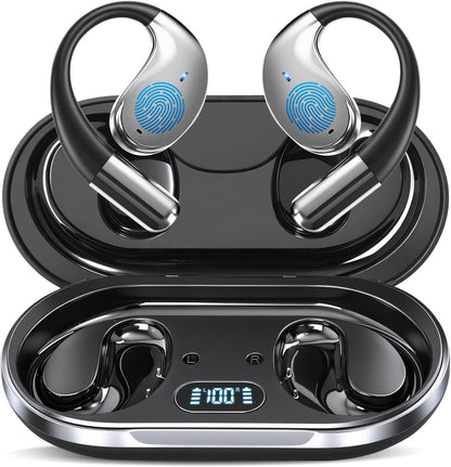 Ultra Ergonomic Open Ear Earbuds, Bone Conduction Over The Bluetooth Headphones Built-in Mic, Waterproof Design, LED Digital Display, Touch Control Operate, Fit Cycling Running Workout Sport, Black
