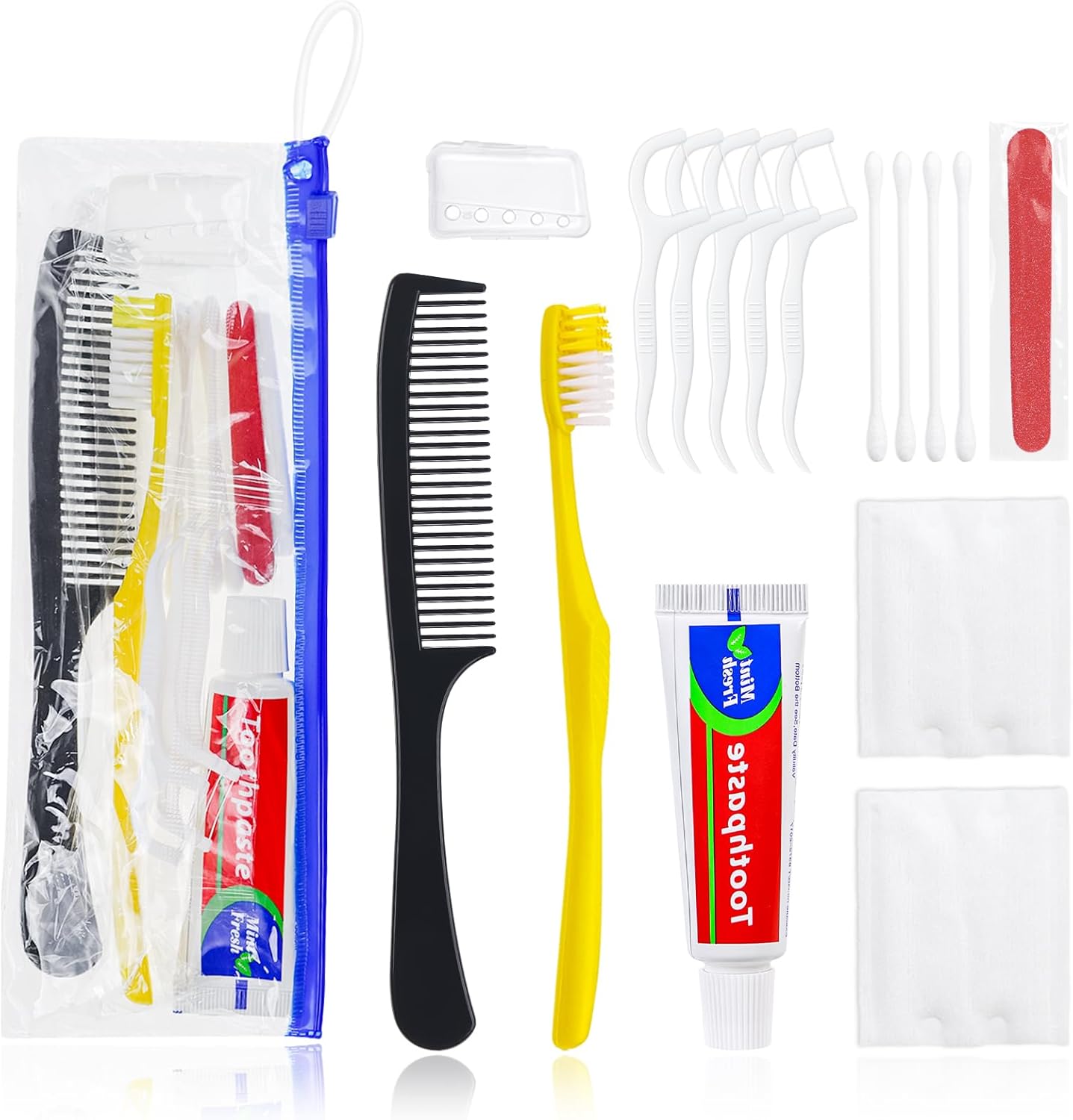 Personal Hygiene Kit Bulk Pack of 10,Yellow Disposable Toothbrushes with Toothpaste Floss Comb Cover and Hotel Vanity Set Basic Travel Toiletry Kit Supplies for Homeless,Charity,Guests