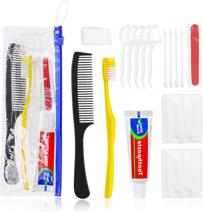 Personal Hygiene Kit Bulk Pack of 10,Yellow Disposable Toothbrushes with Toothpaste Floss Comb Cover and Hotel Vanity Set Basic Travel Toiletry Kit Supplies for Homeless,Charity,Guests