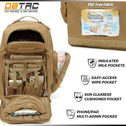 Diaper Bag Backpack for Dad, DBTAC Large Baby Nappy Bag for Men w/Changing Mat, Insulated+Wipe Pockets, Stroller Straps, Tan