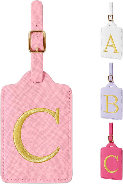 Personalized Initial Luggage Tags for Suitcase, Pink Leather Cute Luggage Tags with Privacy Cover Name Card, Embroidered Custom Monogrammed Luggage Tag Travel Bag Baggage Tags Gifts for Women Kids(C)