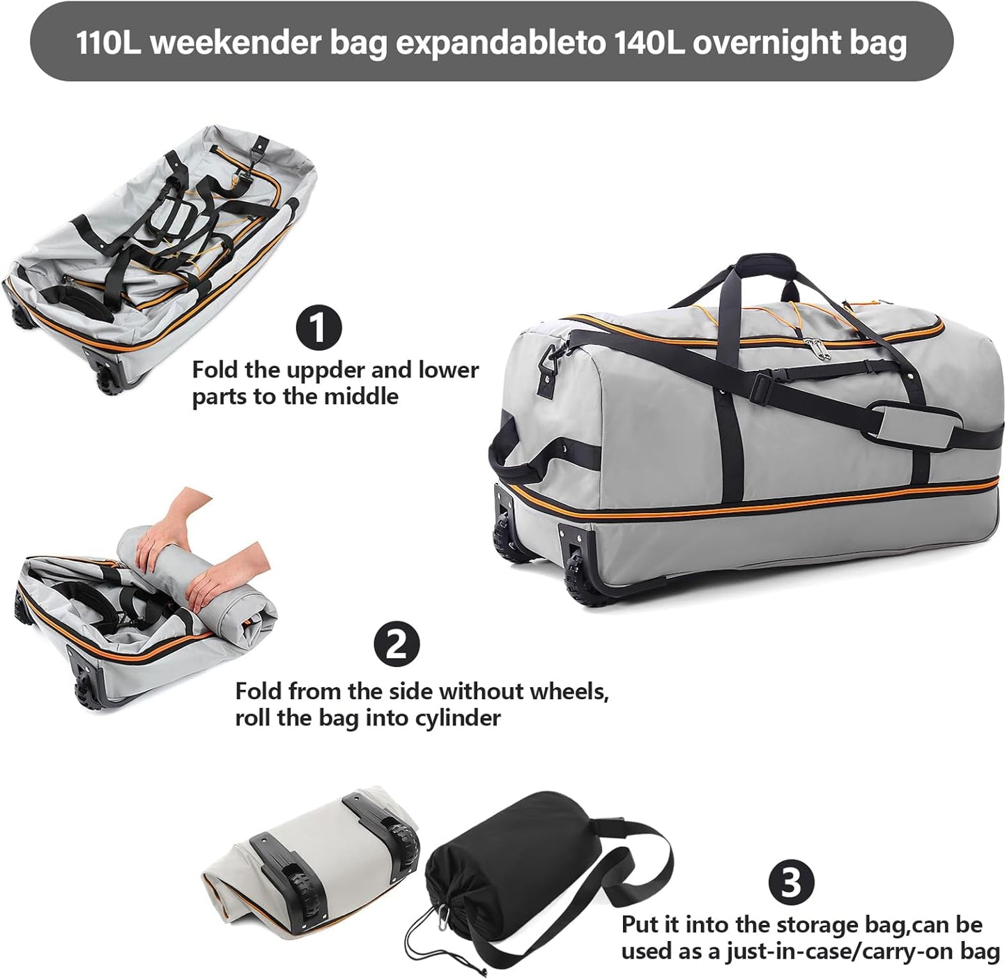 Rolling Duffle Bag with Wheels,110L/140L Expandable Soft-Sided Foldable Duffle Bag with 2 Rubber Wheels,Packable 32” Rolling Carry-On with Multi-Pockets & Compartments (Grey)
