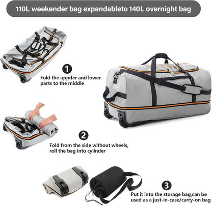 Rolling Duffle Bag with Wheels,110L/140L Expandable Soft-Sided Foldable Duffle Bag with 2 Rubber Wheels,Packable 32” Rolling Carry-On with Multi-Pockets & Compartments (Grey)