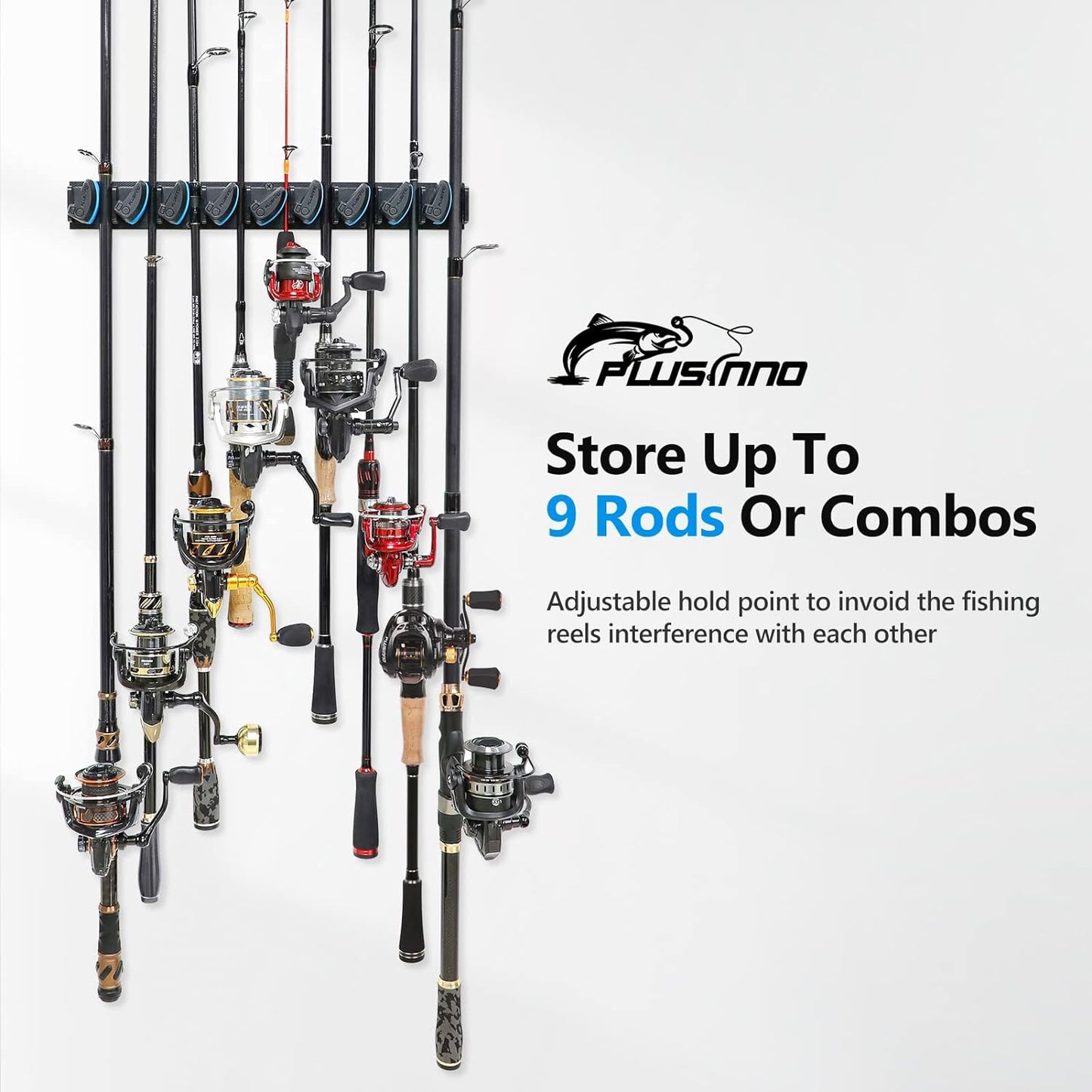 PLUSINNO 2 pack Vertical Fishing Rod rack, Wall Mounted Fishing Rod holder, 2 Packs Fishing Pole Holders Hold Up to 18 Rods or Combos, Fishing rod holders for garage, Fits Most Rods of Diameter 3-18mm
