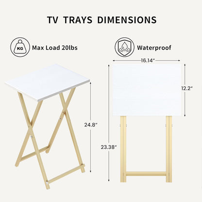 Foldable TV Trays, Small Folding Table, TV Trays Set of 2, TV Dinner Tray, Side Table for Bed, Couch, Portable Easy to Move, White & Gold