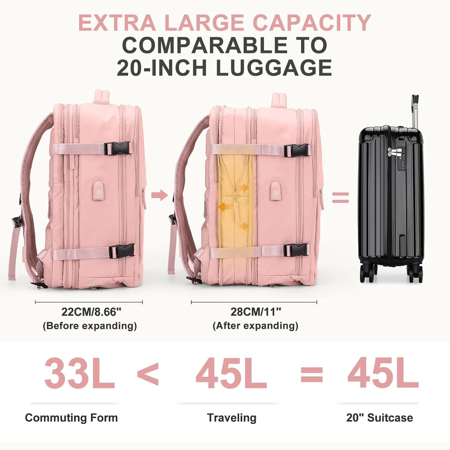coowoz Large Travel Backpack For Women Men, Carry On Backpack,Hiking Backpack Waterproof Outdoor Sports Rucksack Casual Daypack Expandable Heavy Duty Extra large Backpack Pink Expansion