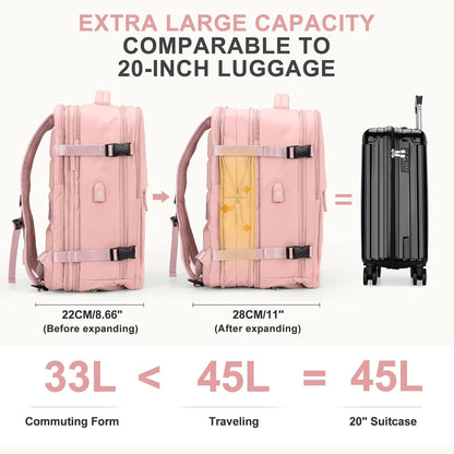 coowoz Large Travel Backpack For Women Men, Carry On Backpack,Hiking Backpack Waterproof Outdoor Sports Rucksack Casual Daypack Expandable Heavy Duty Extra large Backpack Pink Expansion