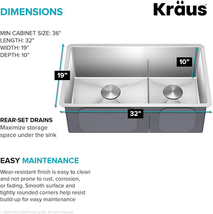 Kraus Kitchen Sinks Undermount - 32 Inch Stainless Steel Kitchen Sink, 60/40 Double Bowl, 16 Gauge, Model KHU103-32
