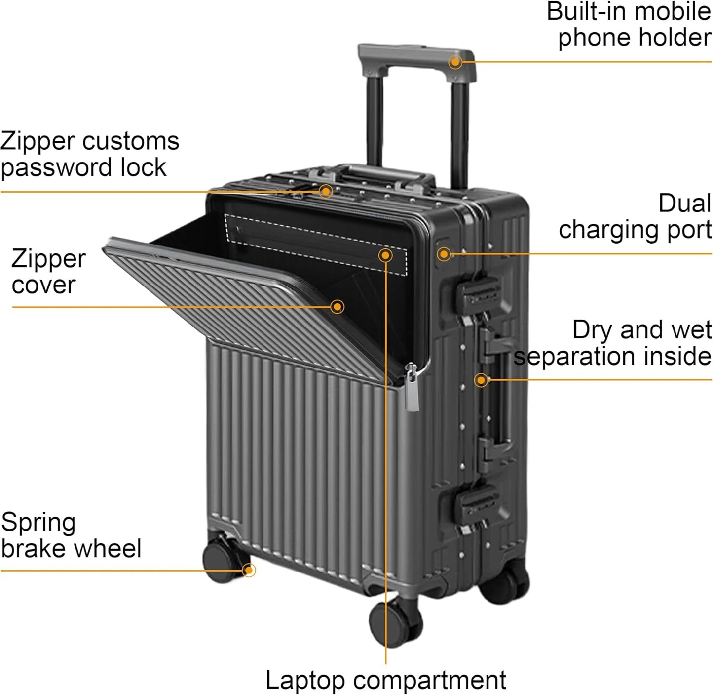 Zipperless Luggage, Polycarbonate Aluminum Hard Shell, Expandable Carry-On Suitcase with Spinner Wheels, Hard Shell Suitcase, 24 Inch Cabin