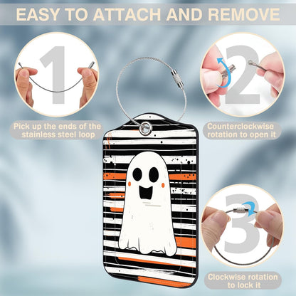 Halloween Set of 2 Luggage Tags Cute Ghost on Black and White Stripes Luggage Tags for Suitcases Leather Suitcase Tags with Privacy Name Address Label and Stainless Steel Loop for Women Men Travel Bag
