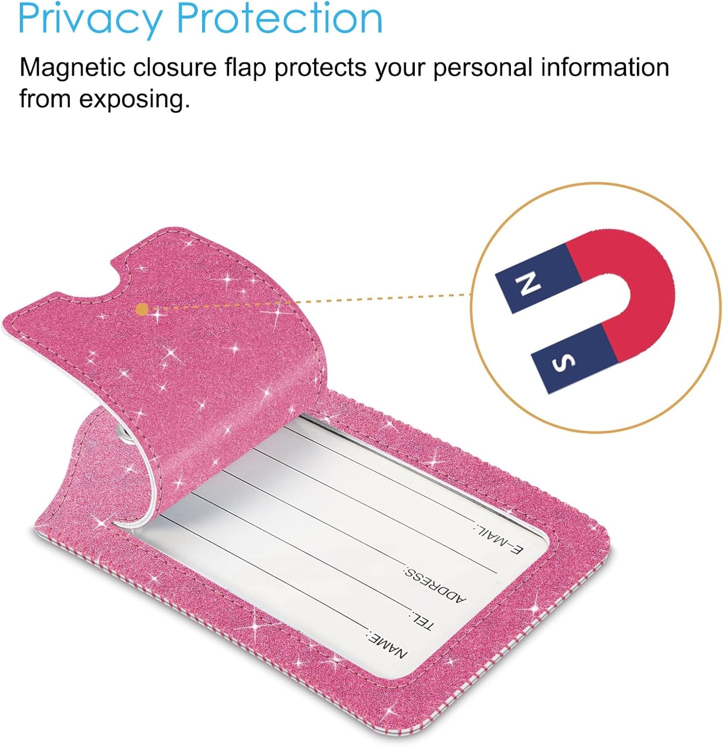 Fintie Luggage Tags, Privacy Cover ID Label with Stainless Steel Loop and Address Card for Travel Bag Suitcase - Sparkling Rose Red (2 Piece)