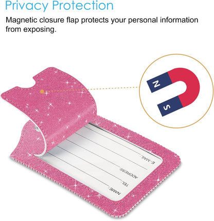 Fintie Luggage Tags, Privacy Cover ID Label with Stainless Steel Loop and Address Card for Travel Bag Suitcase - Sparkling Rose Red (2 Piece)