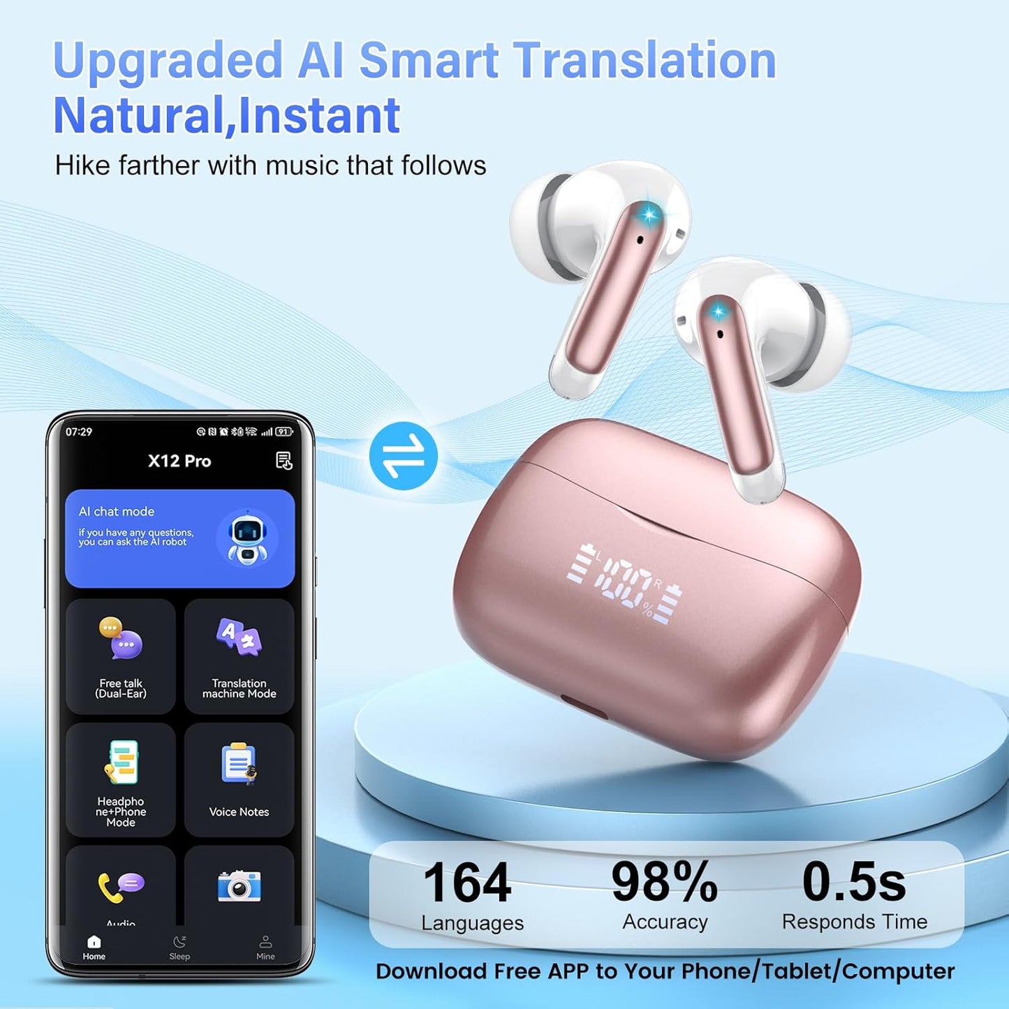 AI Translation Earbuds Real Time with Audio and Video Calls, 164 Language/7 Translation Modes Translator Earbuds Bluetooth 5.4 with APP, 48H AI Ear Buds Translator Device for Business/Learning/Travel