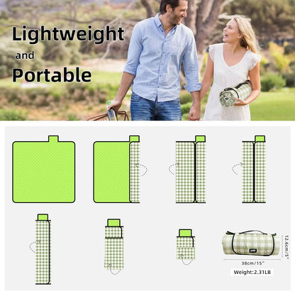 ZAZE Extra Large Picnic Outdoor Blanket, 80''x80'' Waterproof Foldable Blankets Gingham Picnic Mat for Beach, Camping Grass Lawn Park Accessories Cute Couple Gifts Ideas Wedding Registry(Green White)