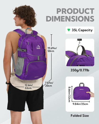 WATERFLY Hiking Foldable Daypack Backpack: 25L Ultra Lightweight Packable Waterproof Outdoor Travel Day Pack for Woman Man